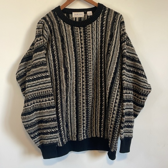 VTG 3D Knit Murano Knit Sweater XXL Black Wool Blend Crew Cosby Pullover Multi - Picture 2 of 15